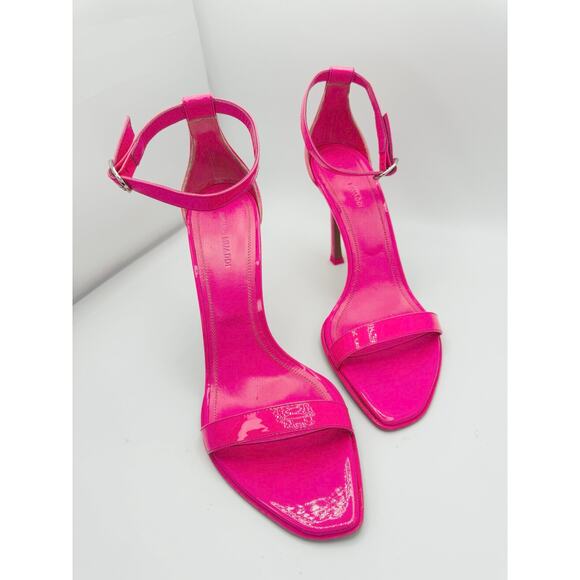 Amina Muaddi Kim Bubblegum Pink Patent Calf Leather Stiletto Strap Heels Size 39 - Picture 11 of 12